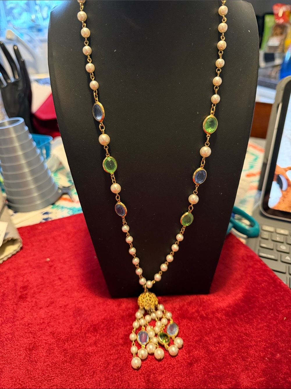 Gold-Tone Pearl Necklace with Green and Blue Glass Stones and tassel high end